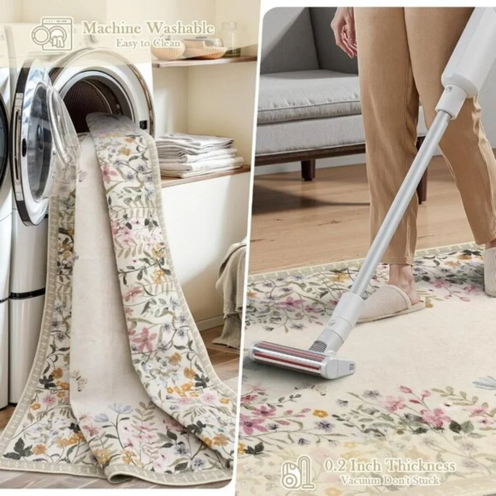 New 5x7 Washable Floral Rug, Non-Slip Botanical Carpet for Home & Room Decor